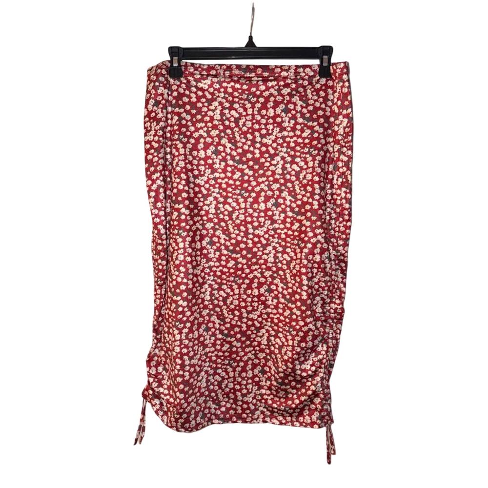 Floral Ruched Midi Skirt – Women’s XL – Burgundy/Red